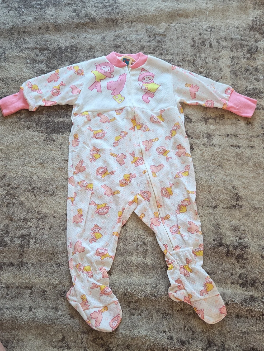 Vintage Carter's ABC Footed Zip Up Sleeper Pink Trim Size 6 Months